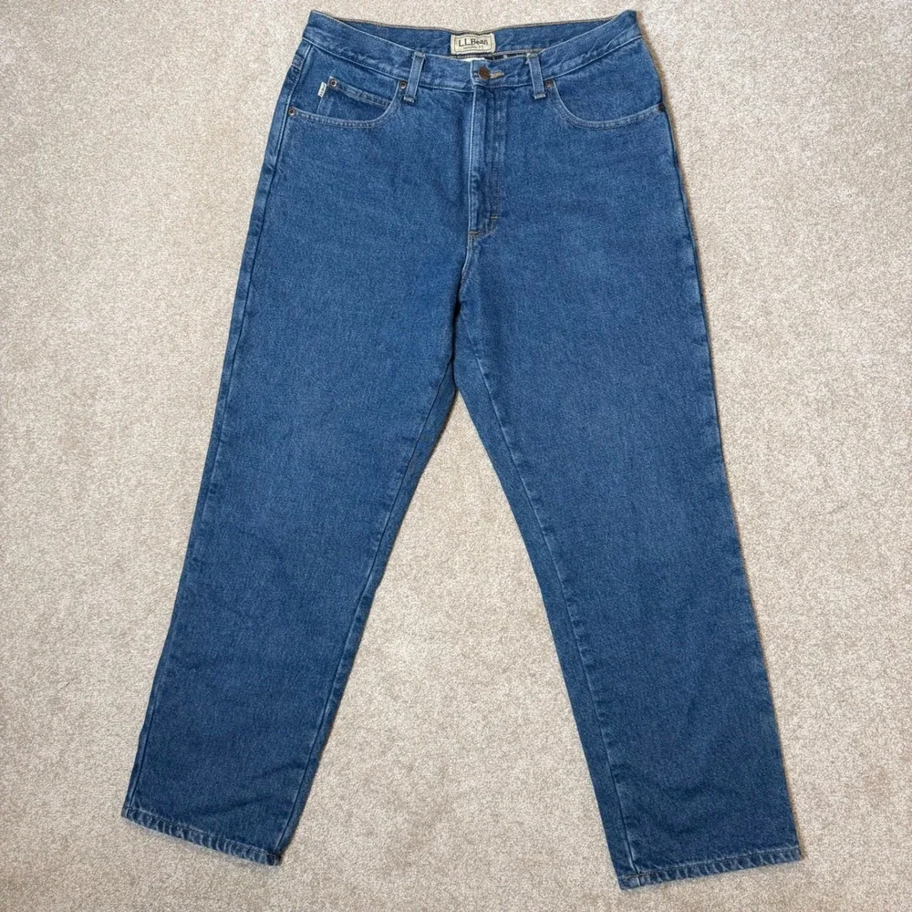 L.L. Bean Jeans Mens 33x29 Blue Flannel Lined Natural Fit Plaid‎ Denim 130657